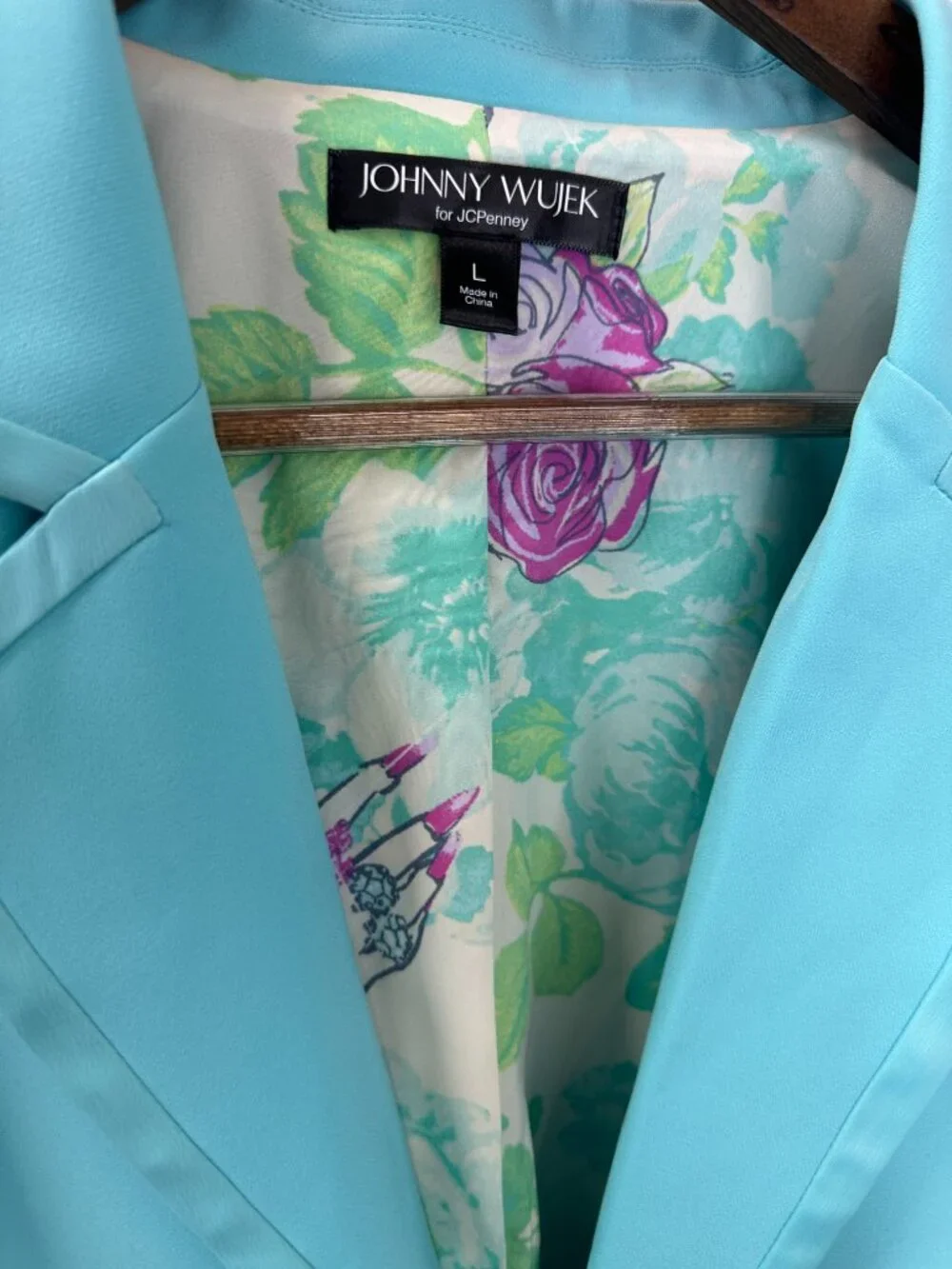 Johnny Wujek Suit Blazer Satin Trim Floral Lined Jacket Oversized Wedding Party - Picture 7 of 13